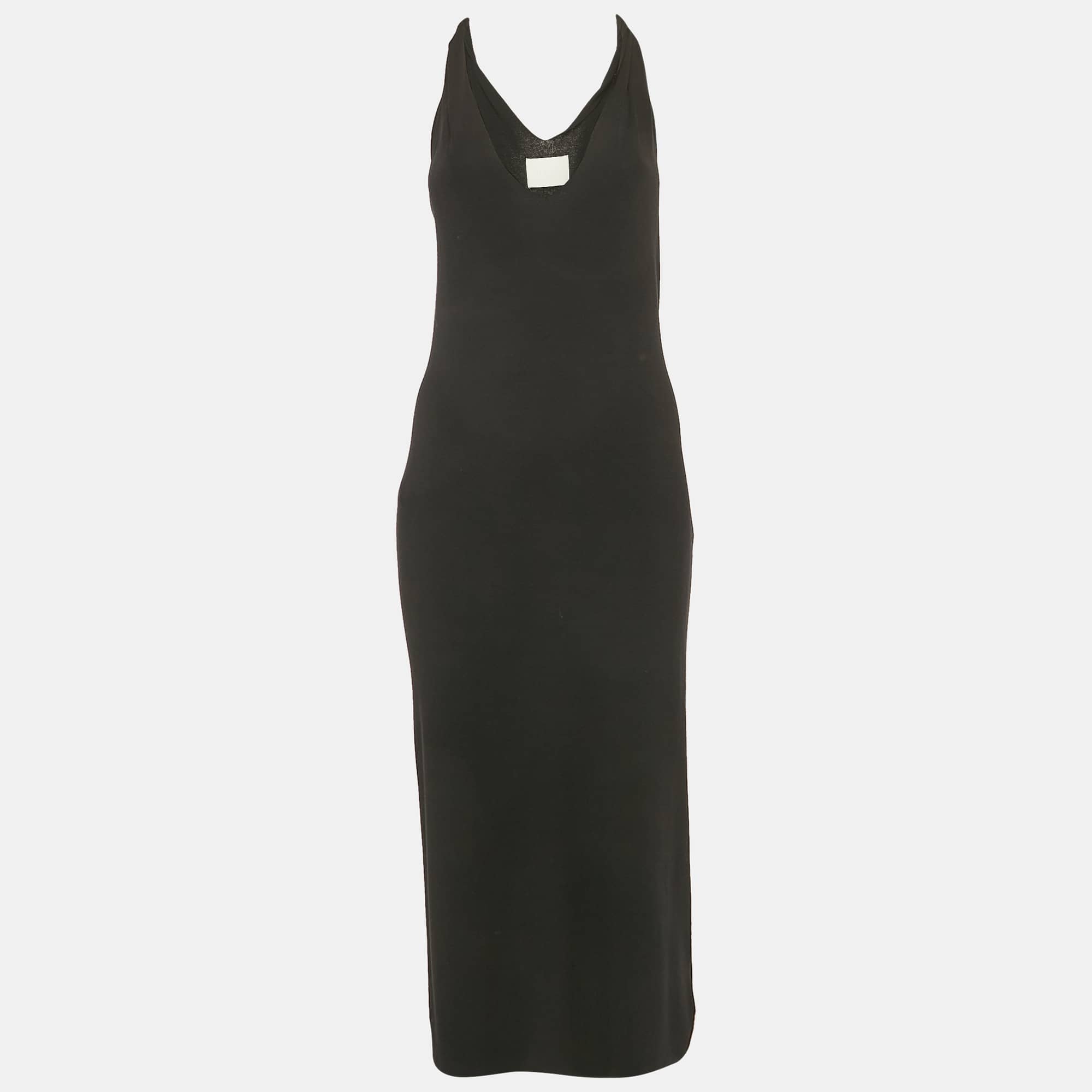 DION LEE 블랙 저지 V넥 트위스트 숄더 디테일 미디 드레스