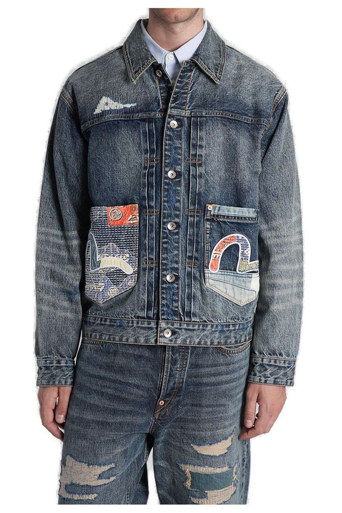 EVISU 보로 시걸 패치 포켓 디스트레스드 데님 자켓