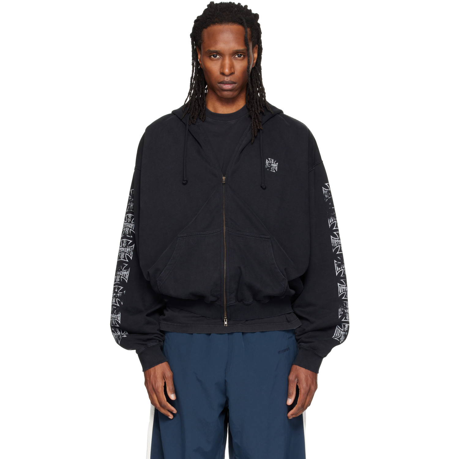 VETEMENTS 블랙 바이커 크로스 로고 집업 후드