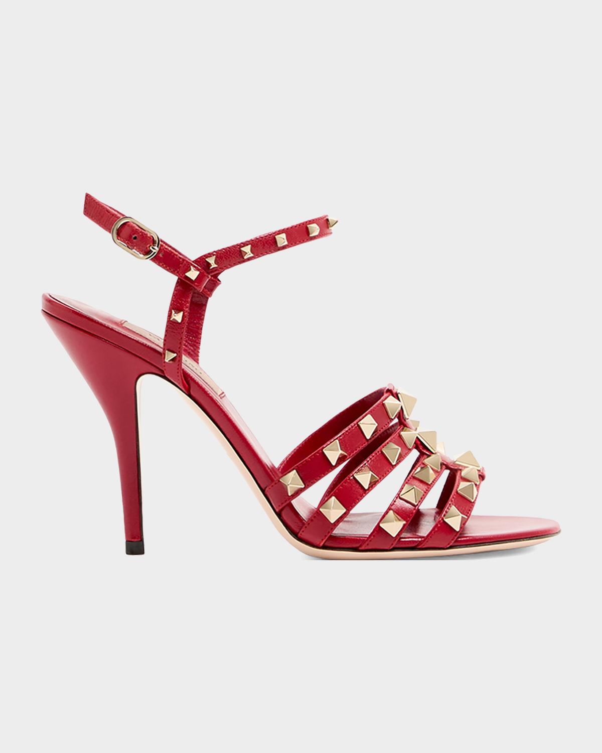 VALENTINO GARAVANI 100mm 록스터드 가죽 앵클 스트랩 샌들