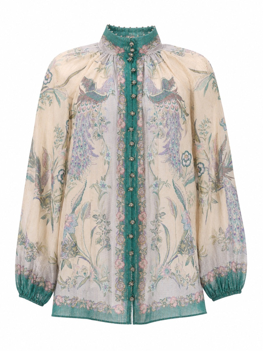ZIMMERMANN 시어 프린트 버튼 프론트 블라우스