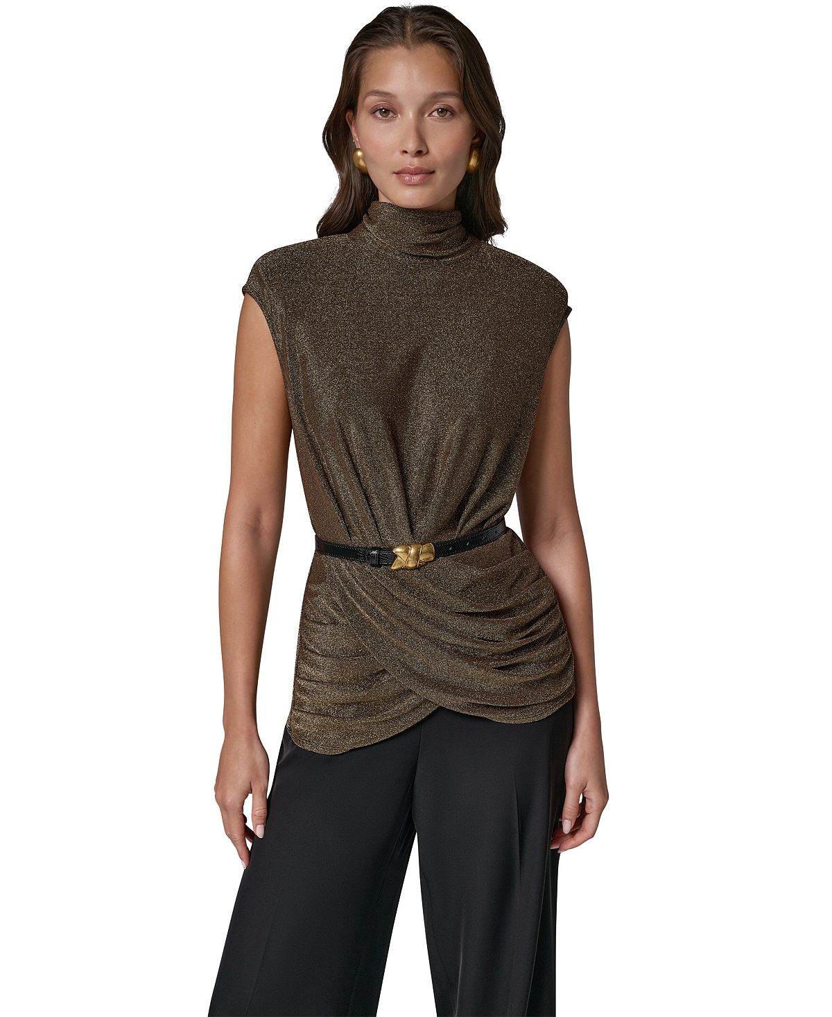 Donna Karan/ DK  여성 메탈릭 슬리브리스 목넥 블라우스