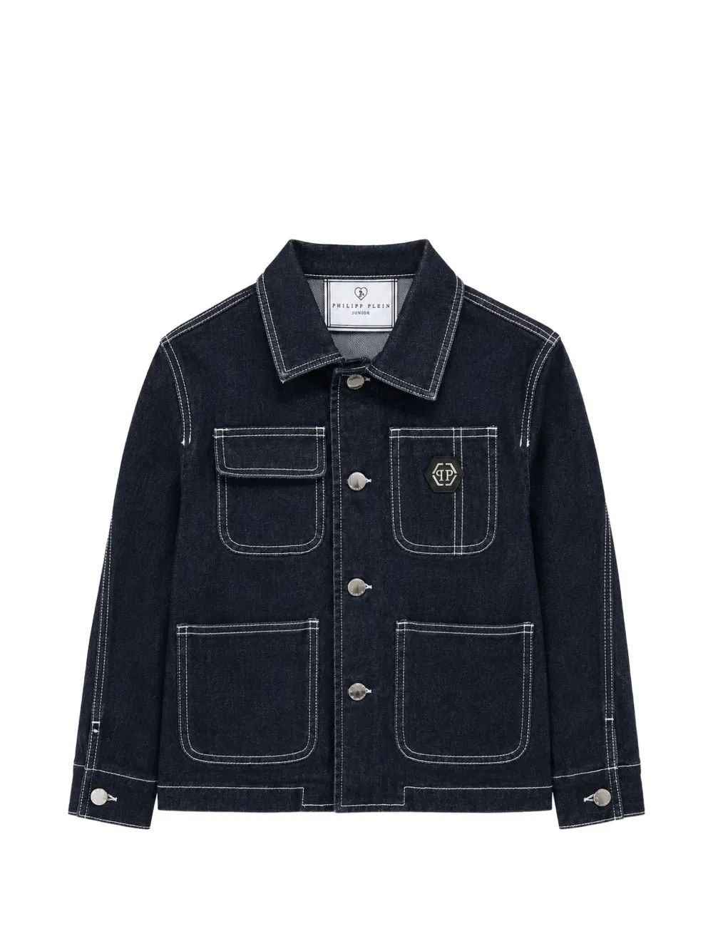 Philipp Plein Kids 그래픽 프린트 콘트라스트 스티치 데님 자켓