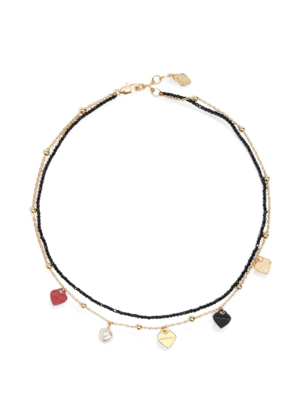 Bimba Y Lola 블랙 크리스탈 하트와 로고 더블 체인 목걸이
