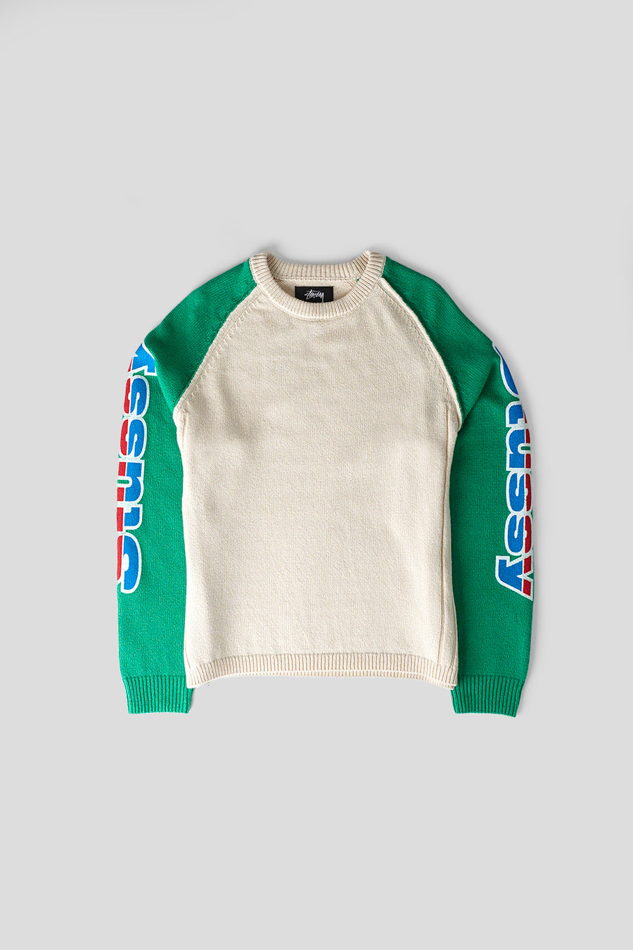 STUSSY 내추럴 앤 그린 투톤 래글런 맨투맨