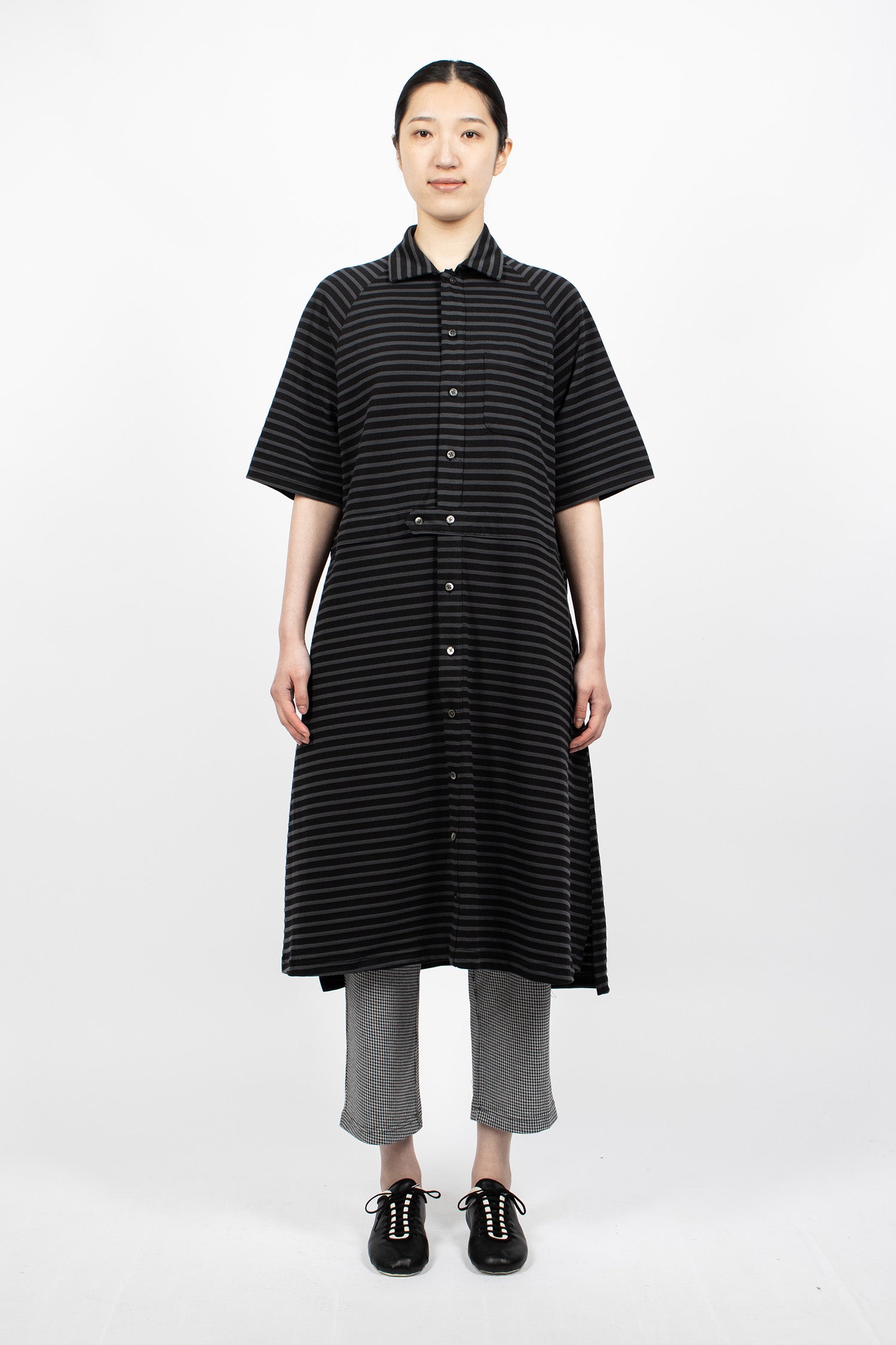 Engineered Garments 폴로 롱 저지 드레스 차콜 블랙 스트라이프