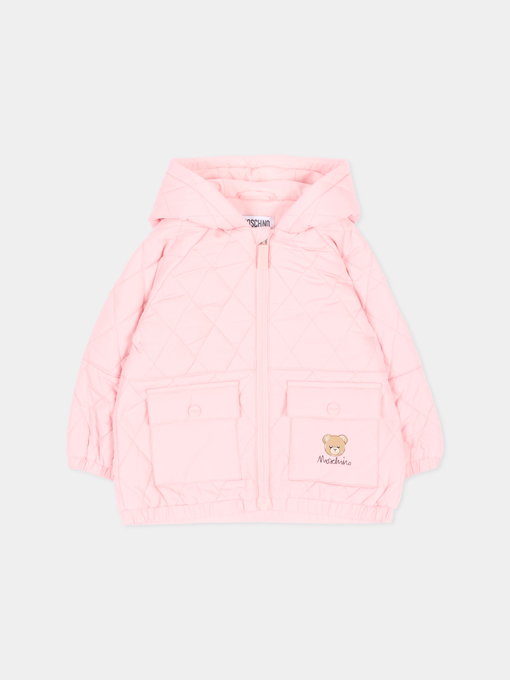 Moschino Kids 핑크 퍼 자켓 베이비 걸