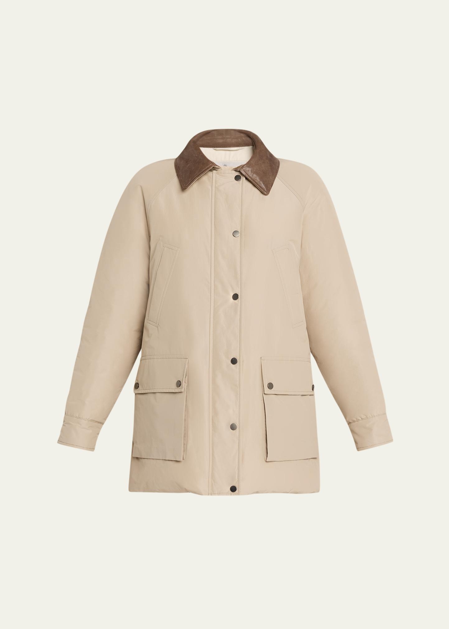 BRUNELLO CUCINELLI 가죽 칼라 패딩 코튼 테크노 카코트