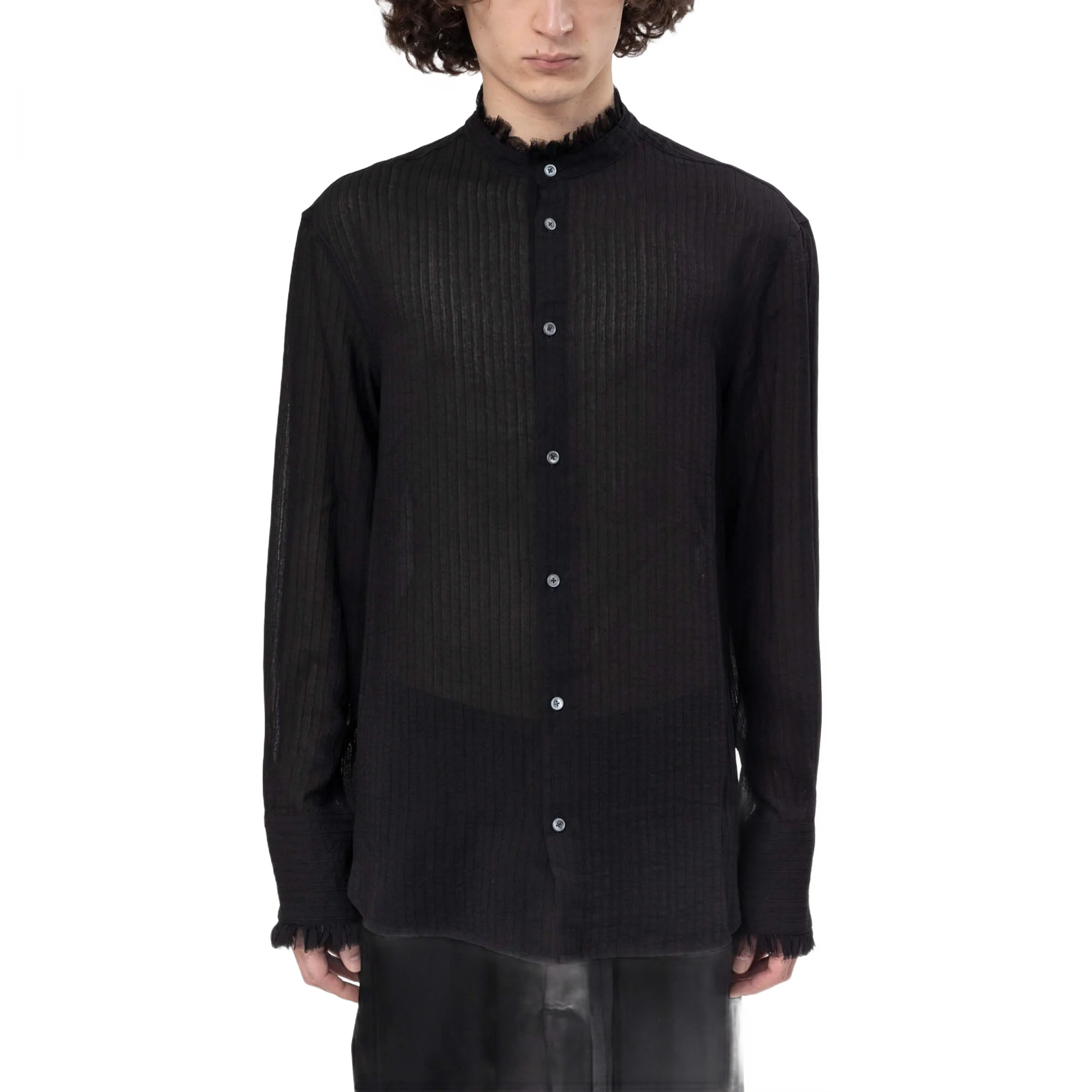 Ann Demeulemeester 플로시 실크 크레폰 러플스 스탠드 칼라 셔츠