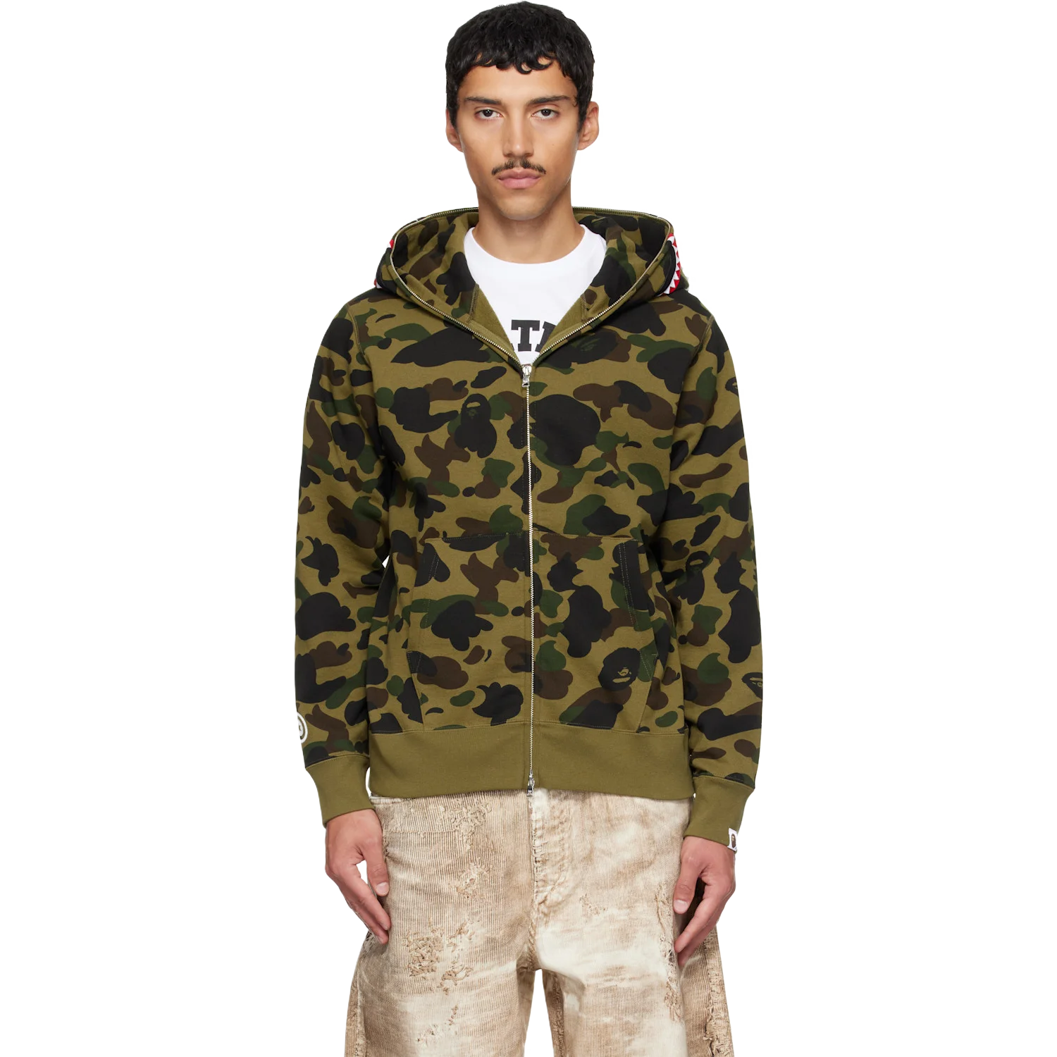 Bape 카키 퍼스트 카모 샤크 집업 후드