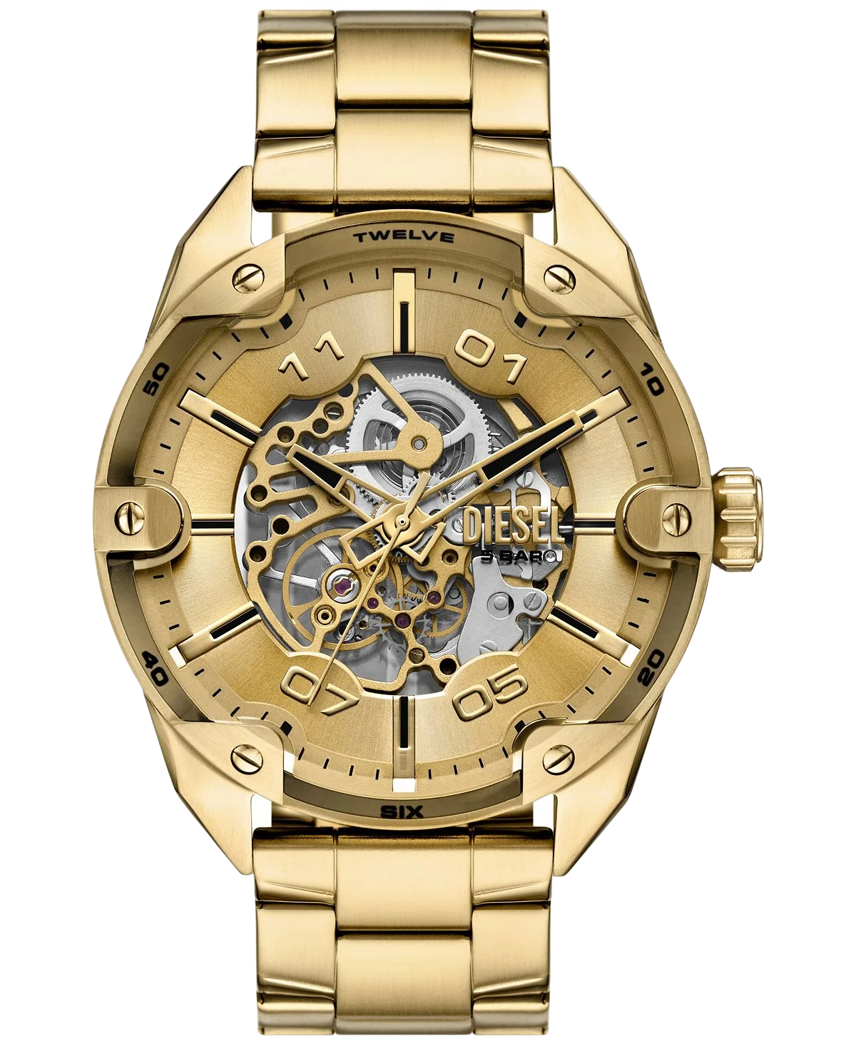 DIESEL 남성 스파이크 자동 3핸드 골드 스테인리스 스틸 시계 49mm