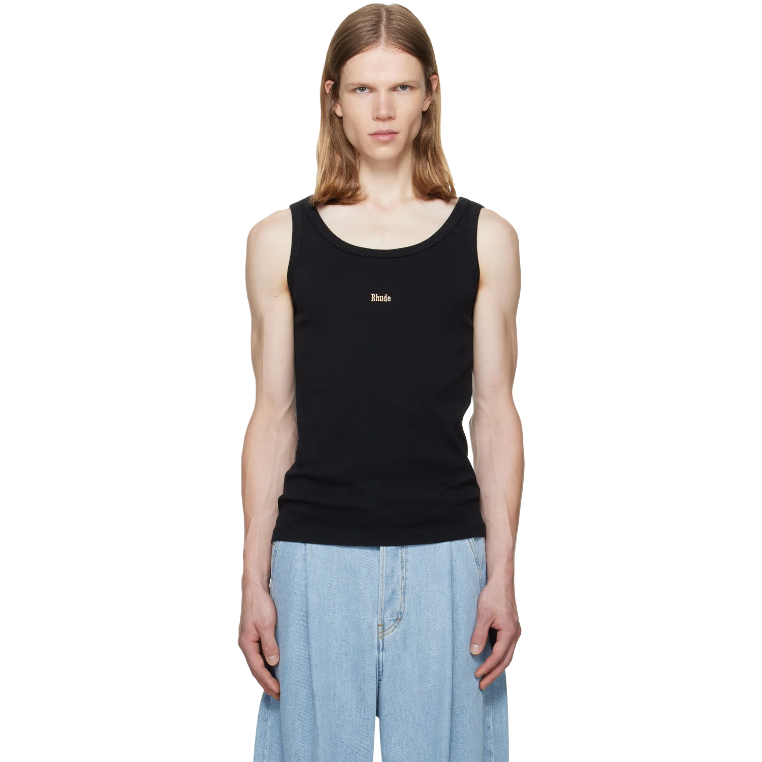 Rhude 블랙 로고 리브드 탱크탑