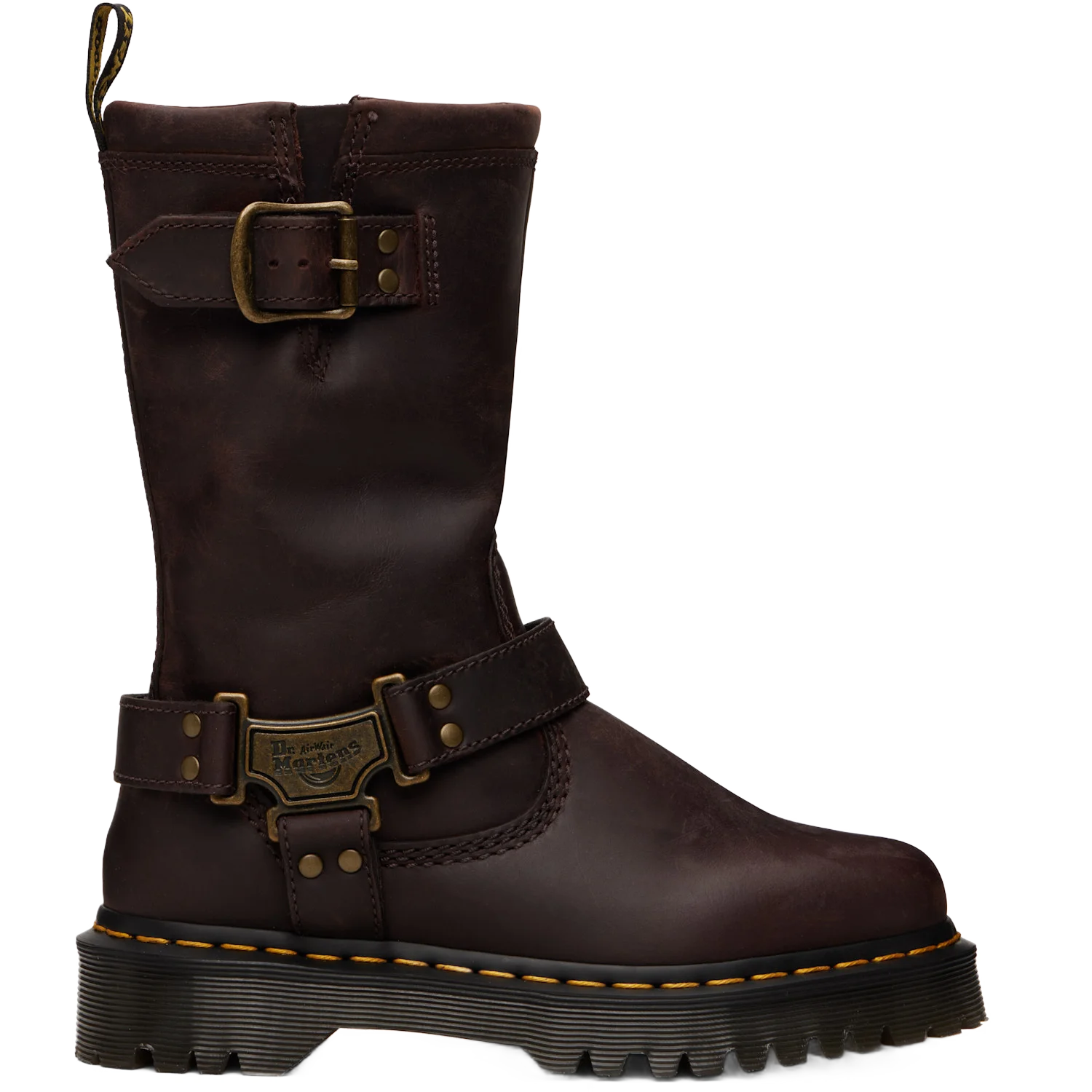 DR. MARTENS 브라운 아니스톤 하이 가죽 바이커 부츠