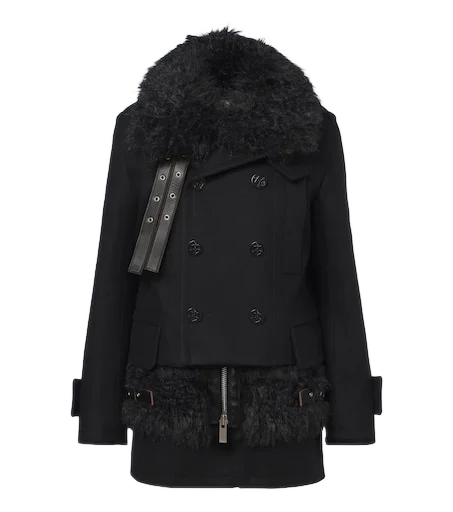 SACAI 레이어드 레더 트리밍 울 코트