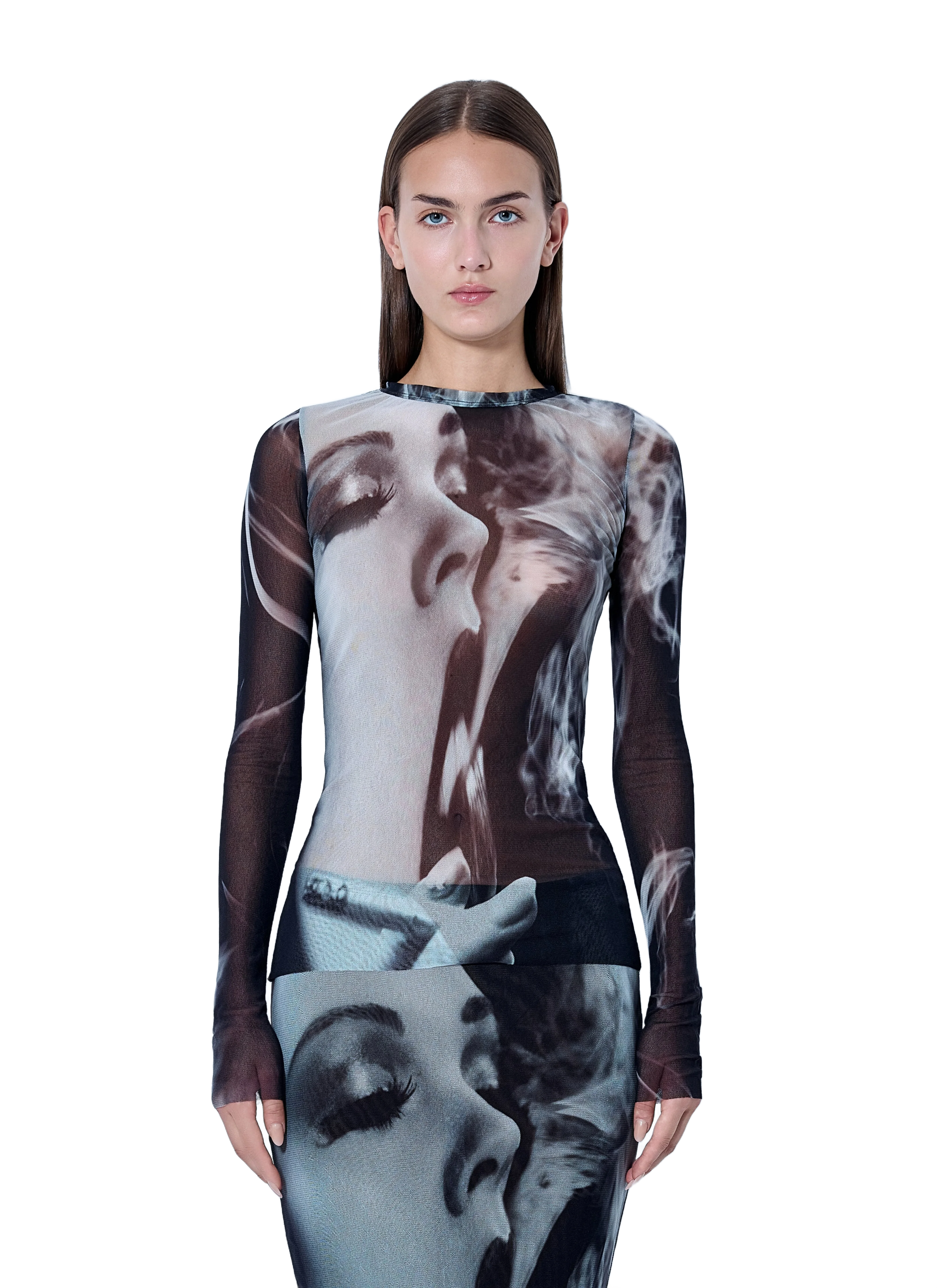 JEAN PAUL GAULTIER 메쉬 프린트 스모킹 여성 긴팔 탑
