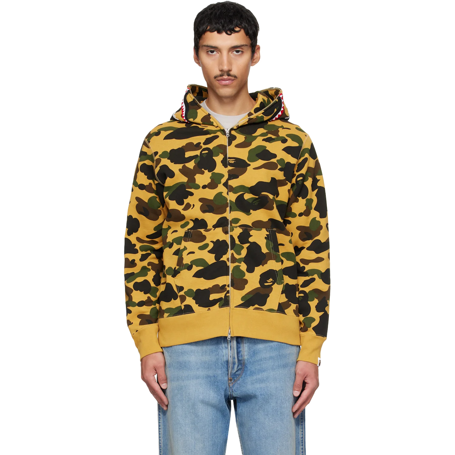 Bape 옐로우 퍼스트 카모 샤크 집업 후드