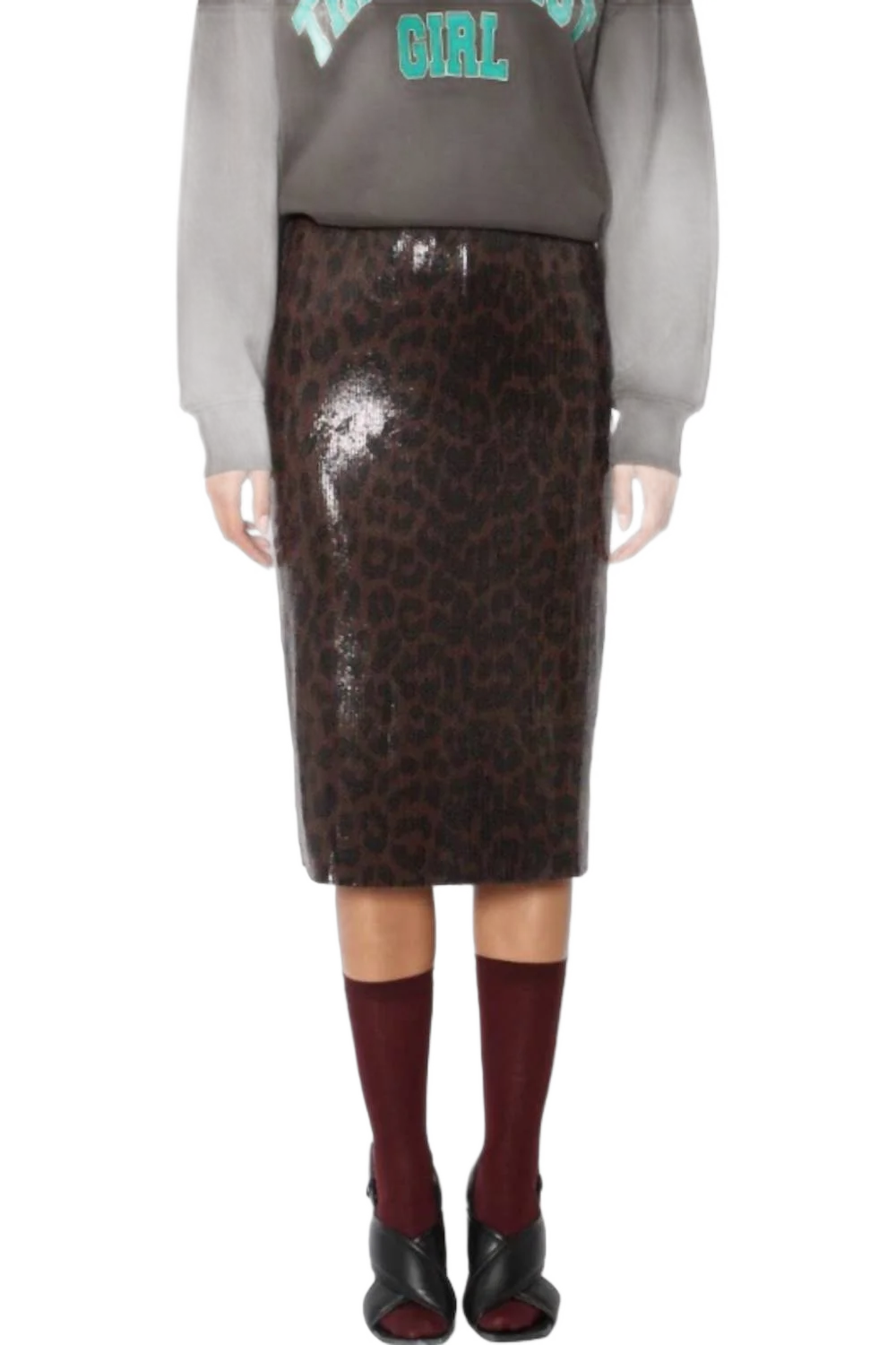 Berenice 자밀라 스트레치 시퀸 미디 스커트 다크 레오파드