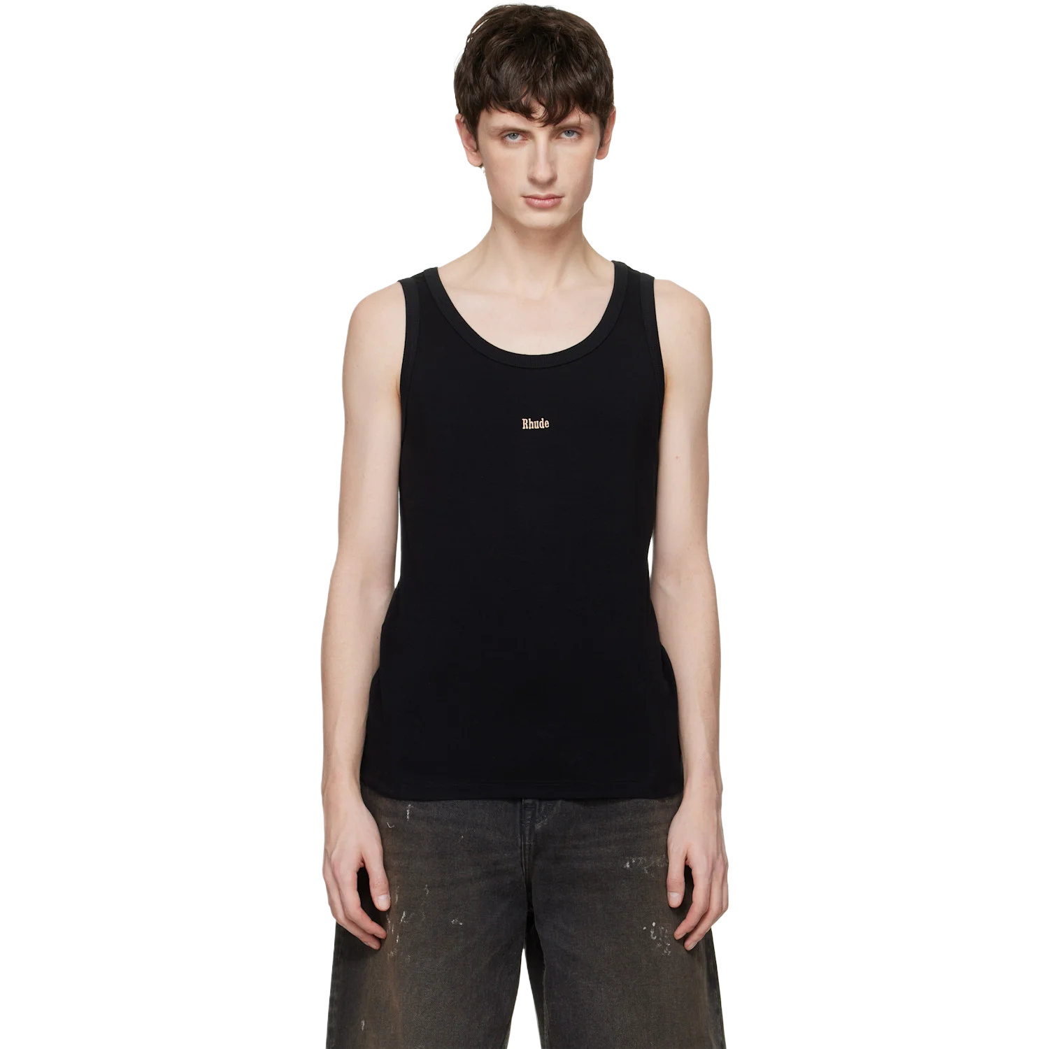 Rhude 블랙 로고 리브 탱크 톱