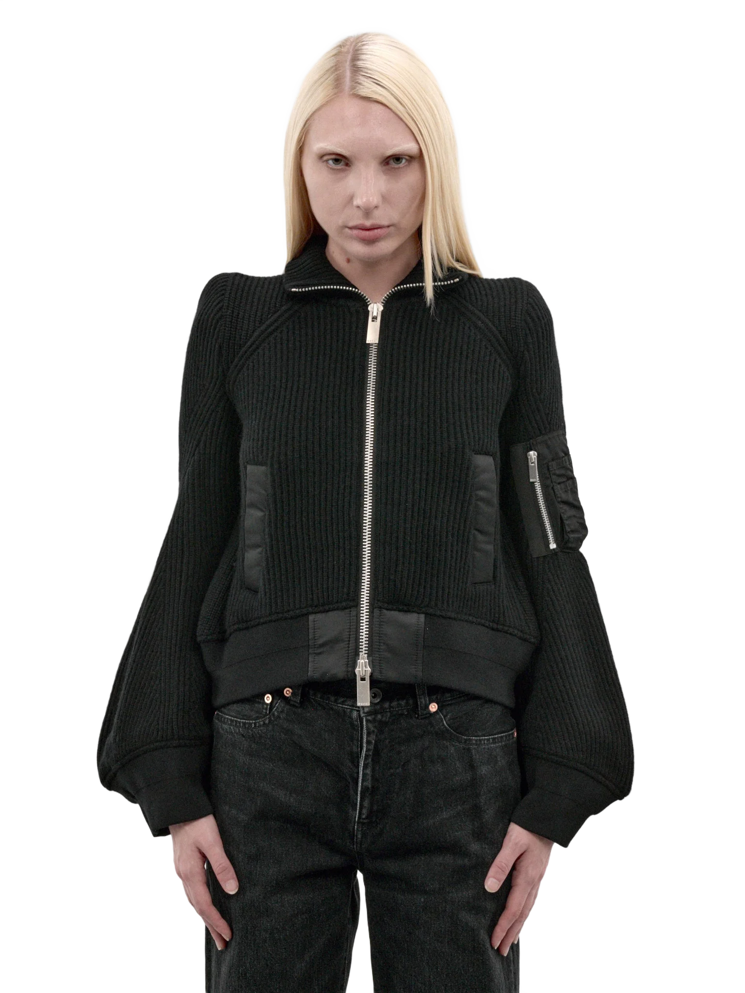 SACAI 블랙 나일론 울 집업 블루종